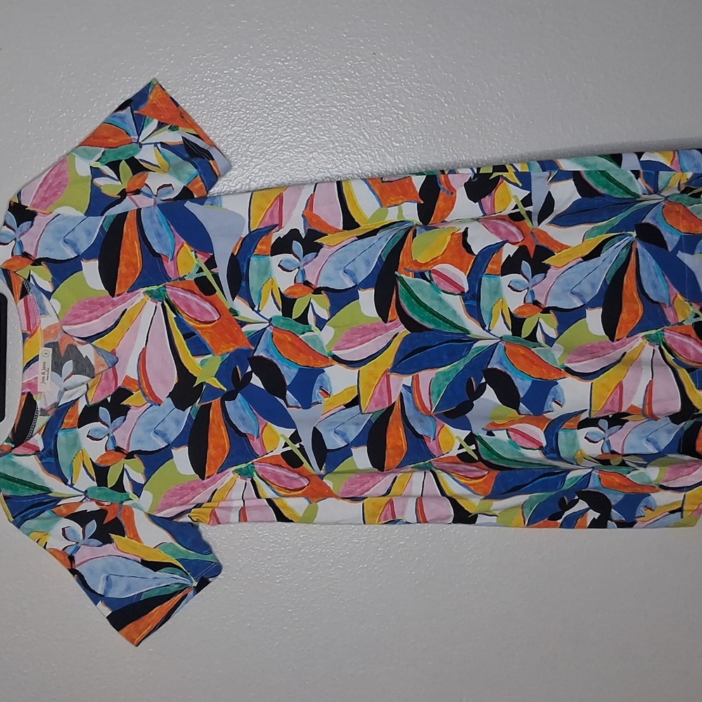 Jess & Jane Cabana Notch Neck Dress Artsy Abstract Leave Print Cotton Blend Sz S